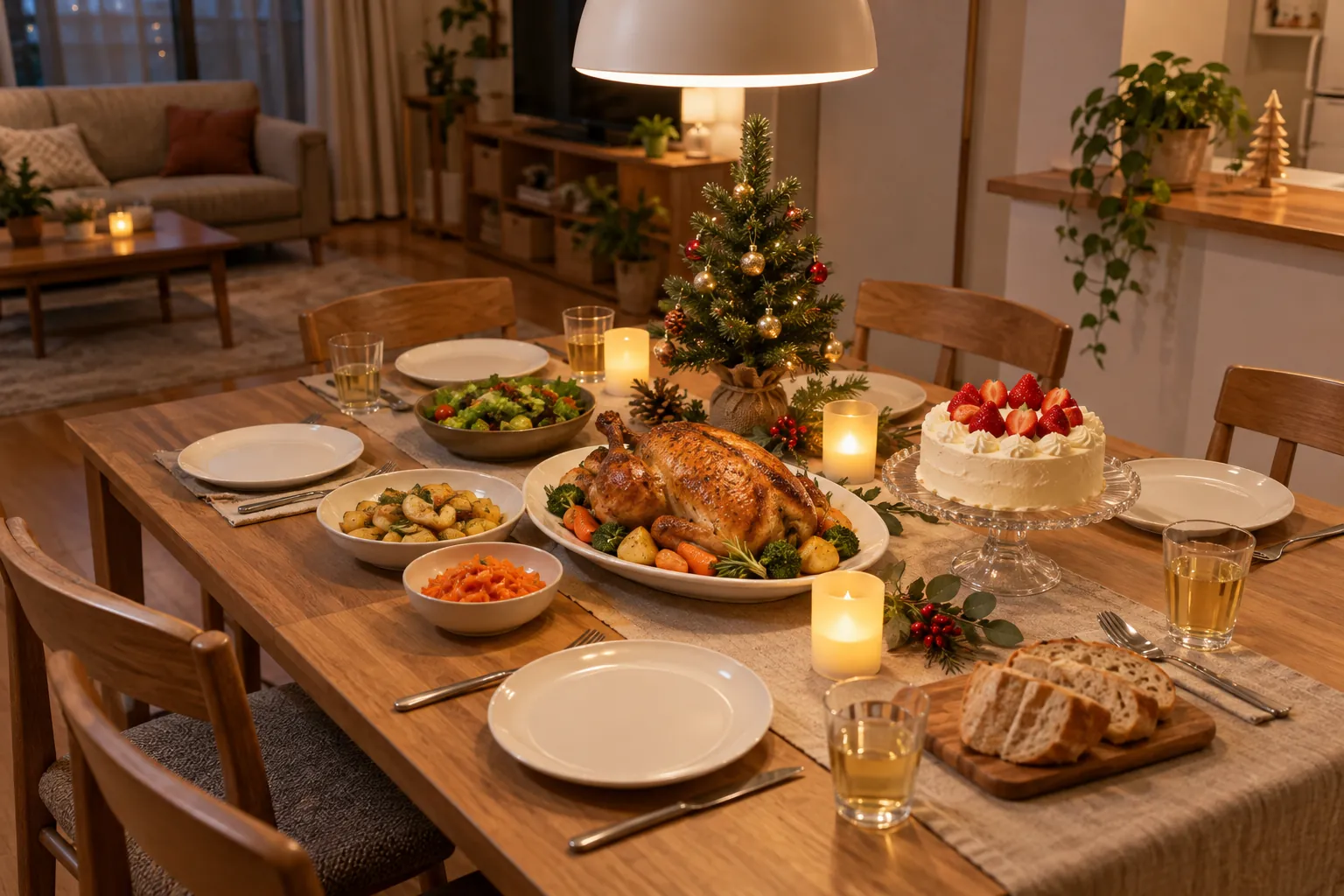 家族のクリスマスの食卓。ローストチキンの大皿、ケーキスタンド、白い取り皿、卓上ツリー、キャンドル（AI生成のイメージ）