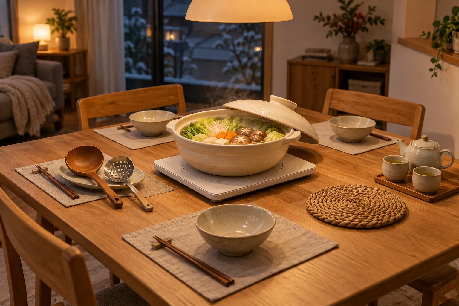 冬の夜の食卓。土鍋の鍋が卓上IHコンロに置かれ、取り鉢、お玉、鍋敷き、急須が並ぶ（AI生成のイメージ）