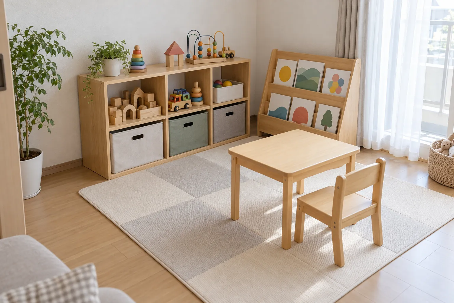 子ども部屋のおもちゃ収納。低い棚と布のボックス、プレイマット、キッズテーブルとチェア、絵本ラック（AI生成のイメージ）