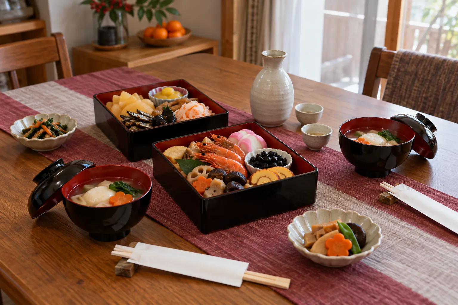 お正月の食卓。重箱のおせち、お雑煮のお椀、祝い箸、とっくり、小鉢（AI生成のイメージ）